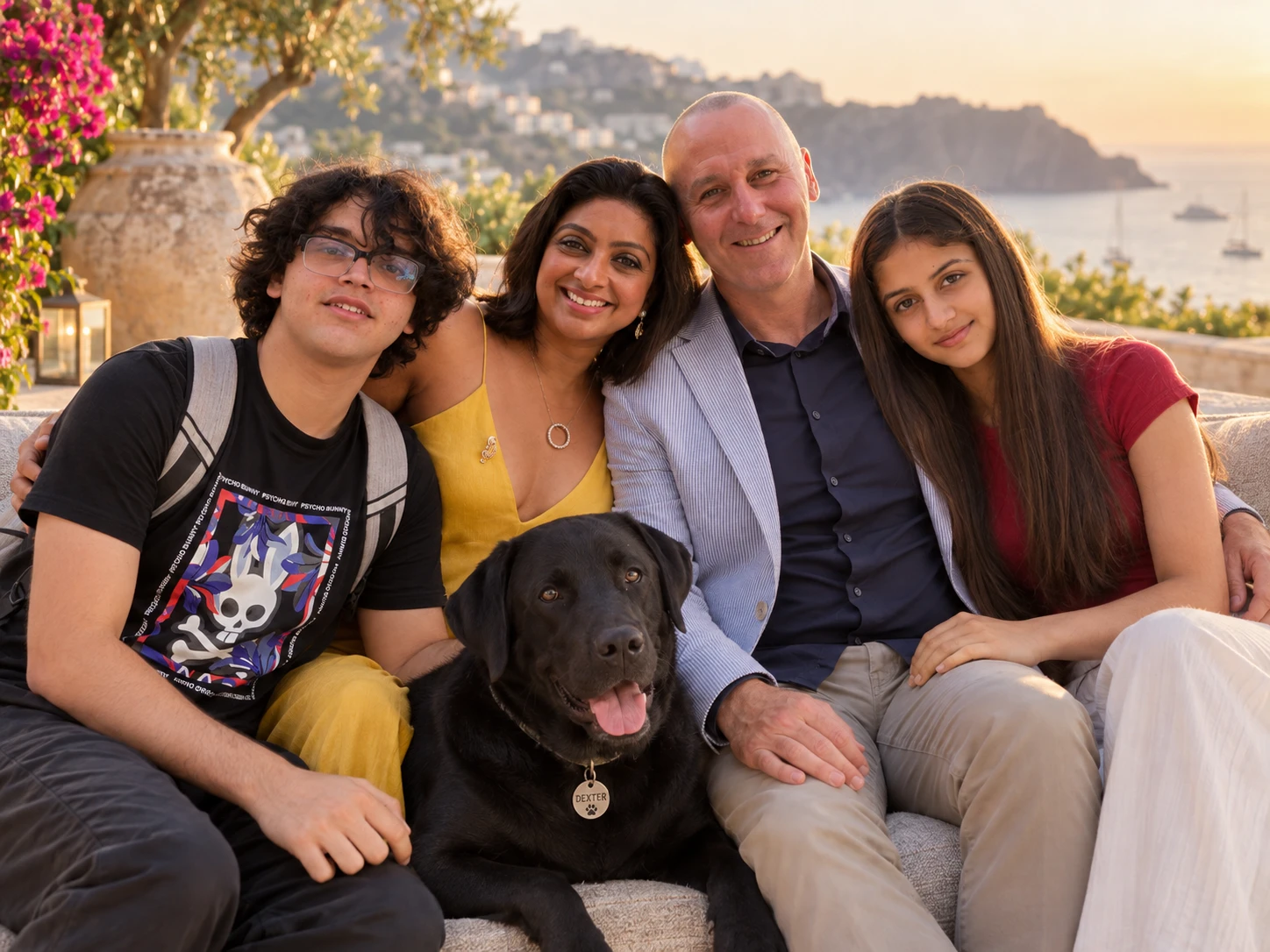 Nerissa with Pascal, Tristan, Maya and Dexter beside the sea